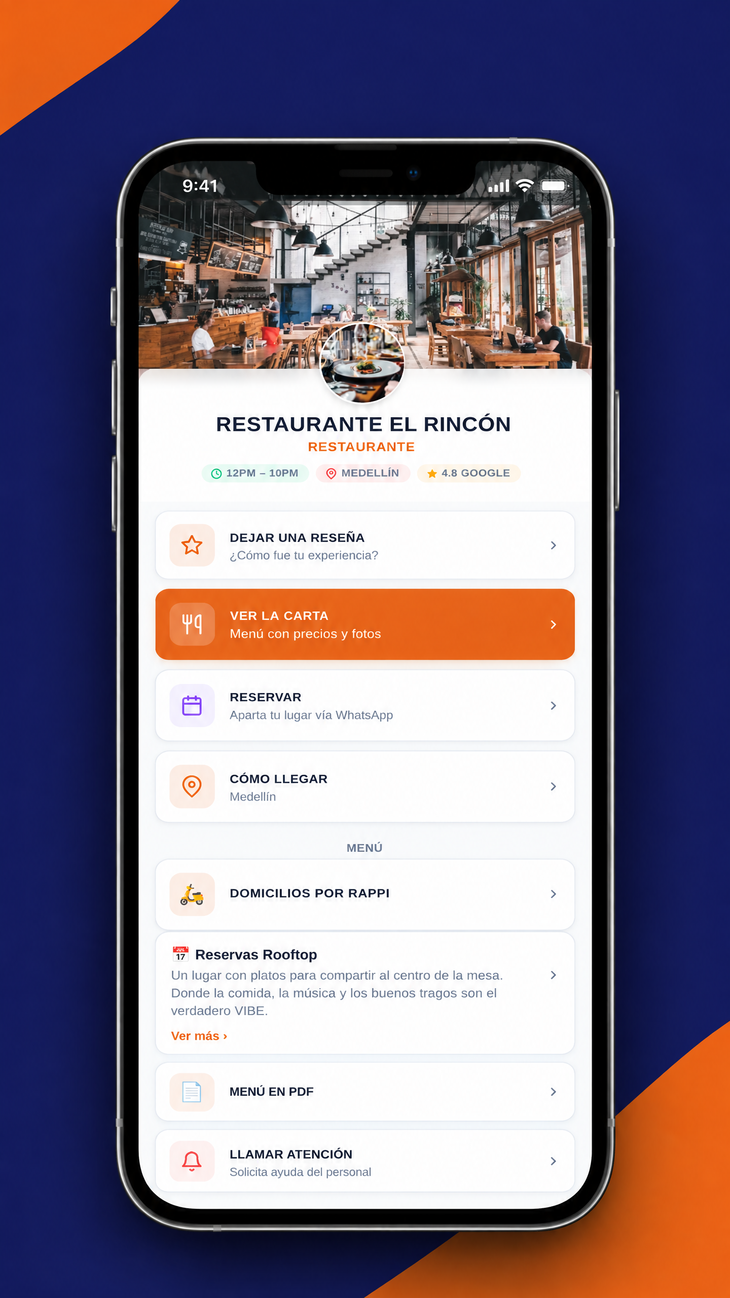 Perfil público de un restaurante en EteonKit: carta, reseñas, reservas, cómo llegar y WhatsApp en una sola pantalla